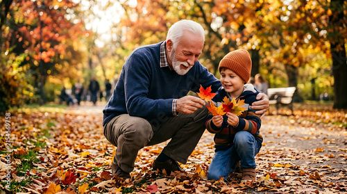heartwarming autumn moment between grandfather and grandson with colorful fallen leaves in park