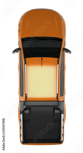 Top down view of a modern bright orange pickup truck isolated on white background, perfect for automotive transport designs 3d rendering.