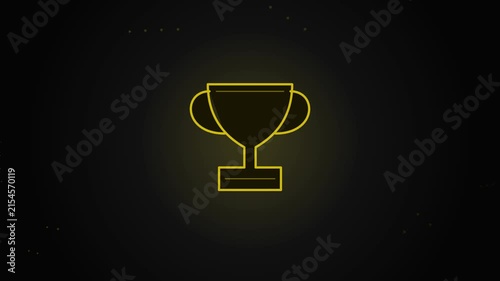 Gold trophy cup outline icon glowing on dark background representing success victory achievement championship award and competitive business excellence