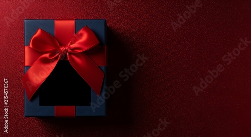 A dark blue gift box with a shiny red ribbon bow sits on a deep red background for your black friday sale