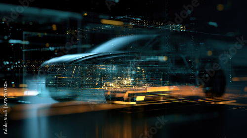 futuristic digital blueprint of high tech autonomous electric car glowing with light particles and data wireframes driving through dark smart city street at night conceptual art