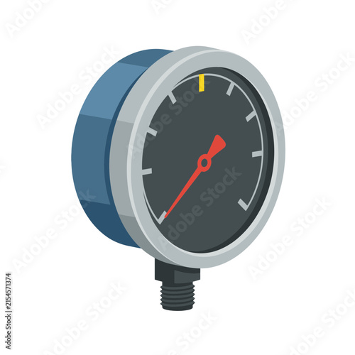 Blue industrial pressure gauge with red needle indicator on white background.