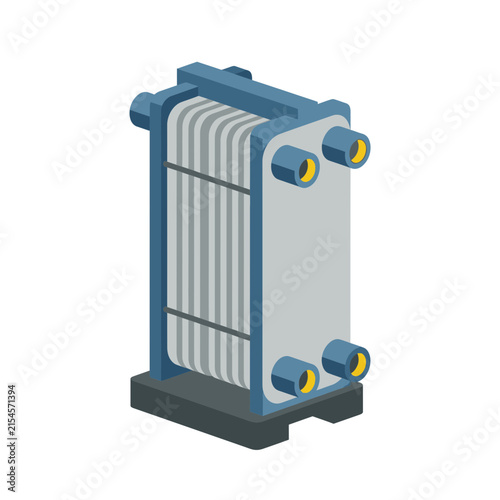 Isometric illustration of a heat exchanger with blue pipes and valves.