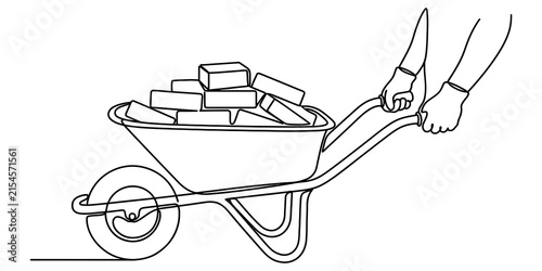 Картината върху платно Continuous line drawing of a person pushing a wheelbarrow full of bricks for con