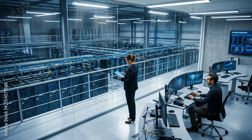 Network administrators supervise server infrastructure inside a high-tech data room.