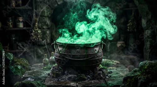 A mysterious black iron cauldron bubbling with glowing green magical potion in a dark spooky witch kitchen