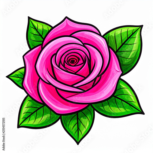 Cheerful pink rose illustration with bold black outline, bright green leaves, playful hand-drawn style, clean white background.