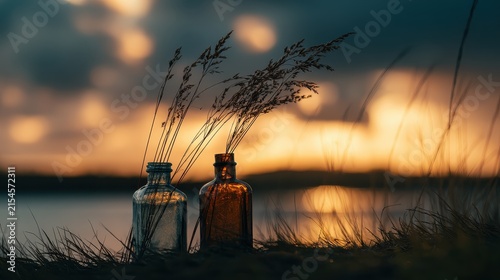 Tranquil Evening Scene with Vintage Glass Bottles and Wild Grasses at Sunset by the Calm Water Surface