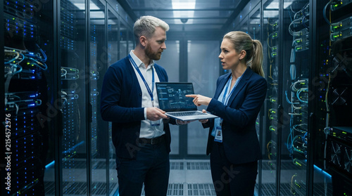Data center technicians analyze system diagnostics on a laptop computer inside a server room.