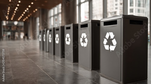Modern Recycling Bins Line Up in Urban Setting with Natural Light at Daytime in a Spacious Indoor Environment for Eco-friendly Living and Waste Management