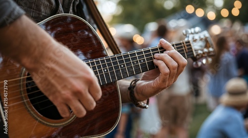 Close up of young man playing guitar in festival park.