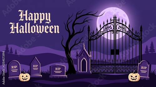 Happy halloween greeting card with a spooky graveyard scene featuring tombstones a wrought iron gate and full moon