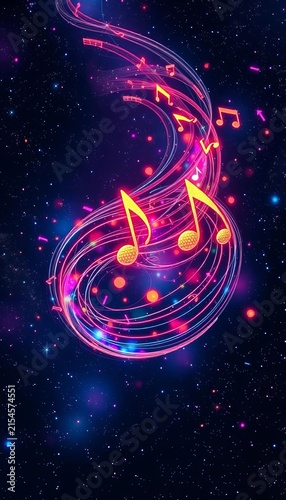 Swirling music notes dance across a starry galaxy backdrop, surrounded by vibrant lights and colors, || cosmic, astronomy