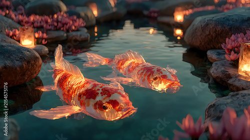 Glowing koi fish peaceful pond scene colorful aquatic garden Images