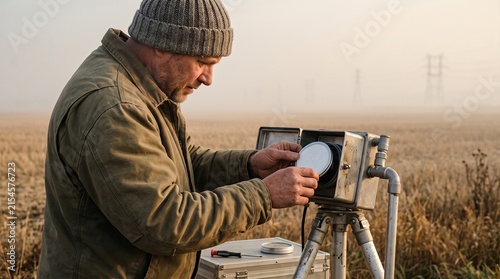 Field technician samples airborne particles at a rural borderland