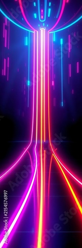Neon glow lines dance across futuristic background, vector, colorful
