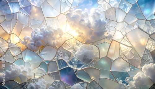 Dreamy Abstract Background of Soft White Clouds Behind a Geometric Cracked Glass Mosaic Pattern