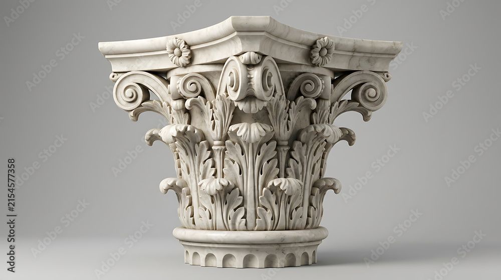 Fototapeta premium Ornate white marble corinthian column capital with acanthus leaves and volutes desig