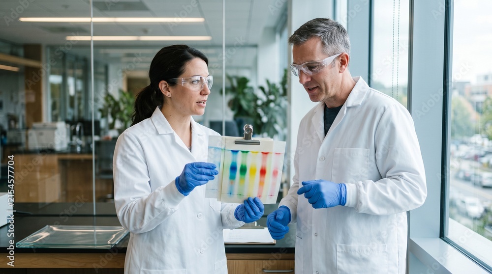 Fototapeta premium Scientists inspect completed rainbow chromatograms after analysis