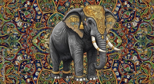 Decorated elephant on ornate kaleidoscopic pattern background.