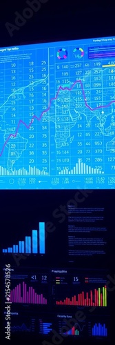 Digital grid map with numbers and infographics on blue background, || data visualization, futuristic look