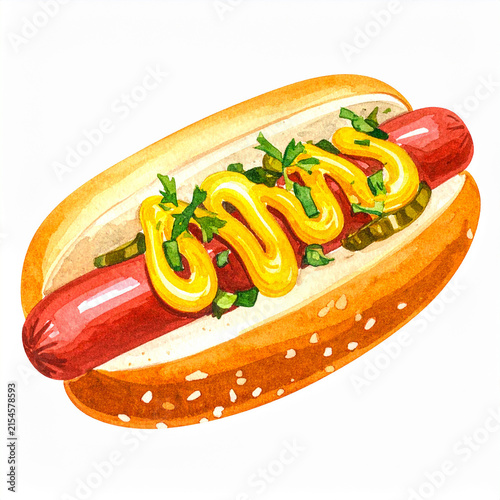 Hand-drawn watercolor illustration of delicious hot dog with melted cheese and fresh green herbs, soft golden bun, juicy sausage, colorful toppings, appetizing fast food aesthetic, white background.