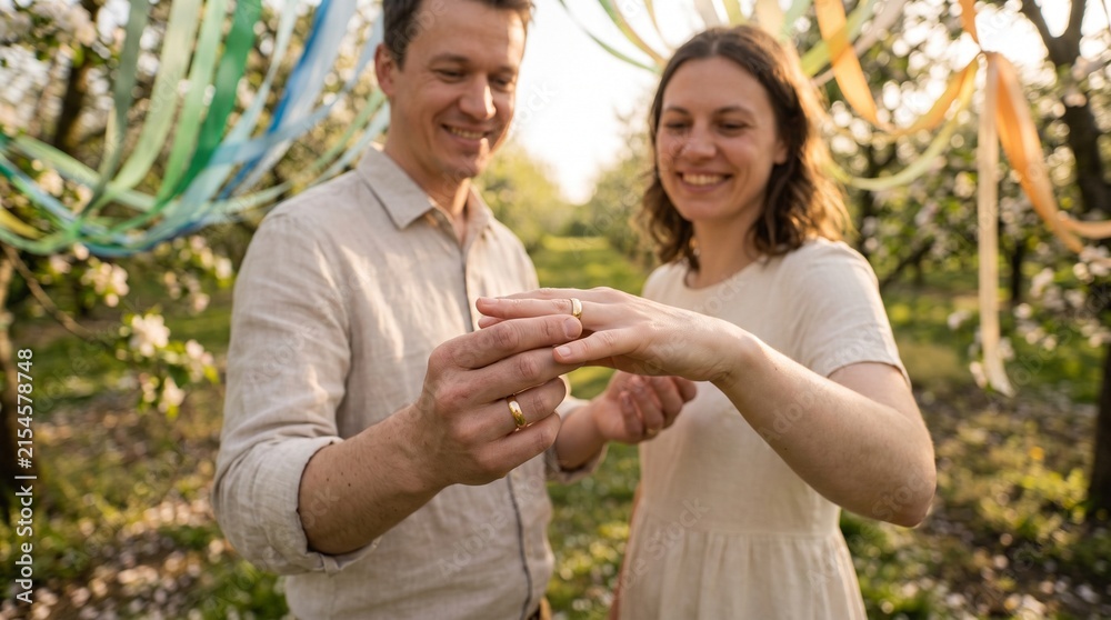 Fototapeta premium Wedding bands exchanged beneath luminous spectrum ribbons