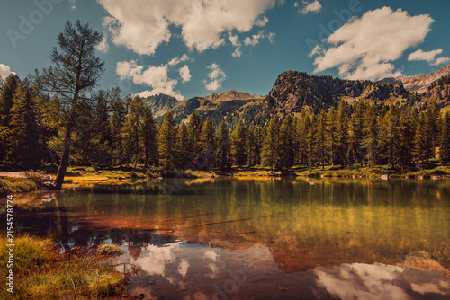 Alpine Lake and Pine Forest Under a Cloudy Sky in Val di Fiemme,