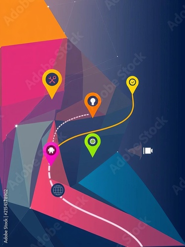 Geometric lines and shapes forming a navigation roadmap with an illustration of vectors and icons, Diagram, Vector Illustration