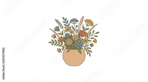 Wildflower Bouquet with Daisies in Beige Terracotta Pot Vector
