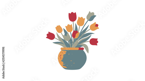 Colorful Tulip Flowers Bouquet in Ceramic Pot Vector