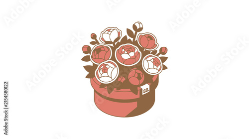 Beautiful Peony Flowers Bouquet in Ceramic Pot Vector Illustration