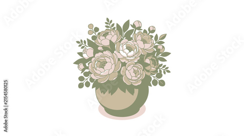 Pastel White Peonies Floral Bouquet in Green Ceramic Pot Vector