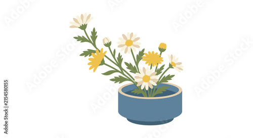 White Chamomile and Yellow Daisy Flowers in Blue Pot Vector