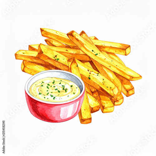 Hand-drawn watercolor illustration of crispy oven-baked French fries with creamy garlic aioli dip, golden crunchy potato sticks, expressive brush strokes, appetizing culinary artwork.
