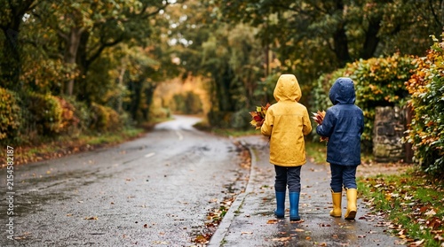 Children walk home with leaves after a rainy afternoon