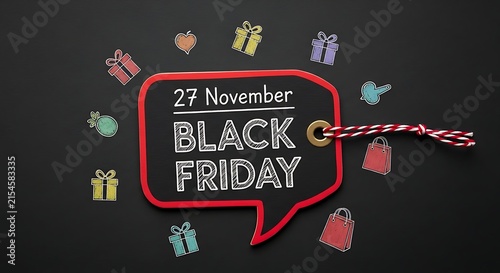 A festive black friday shopping advertisement featuring a red price tag design surrounded by various colorful icons on a dark background surface