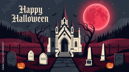 Spooky halloween background featuring a haunted church graveyard with a glowing red full moon and dark silhouette trees