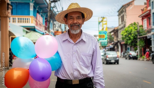 The man selling balloons on the street.