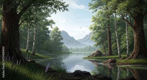 Enchanted forest landscape with winding river and sunlight.