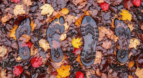Human footprints in muddy ground covered with autumn leaves.