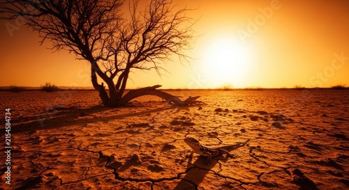 Obraz na płótnie Bare tree silhouette in cracked dry desert under sunset.