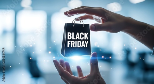 A pair of hands holds a glowing digital shopping bag with the text black friday floating in a modern office space environment