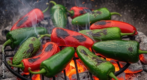 Fresh red and green chili peppers roasting on barbecue grill.