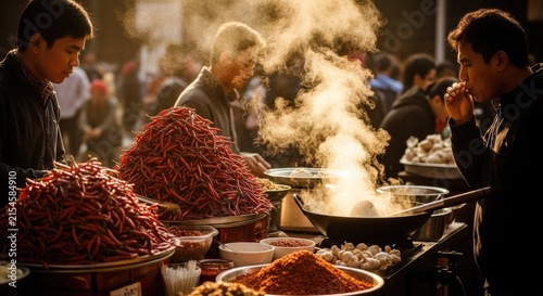 Street food vendor preparing spicy dishes at a market.