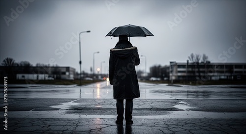Person with black umbrella standing on a wet street.