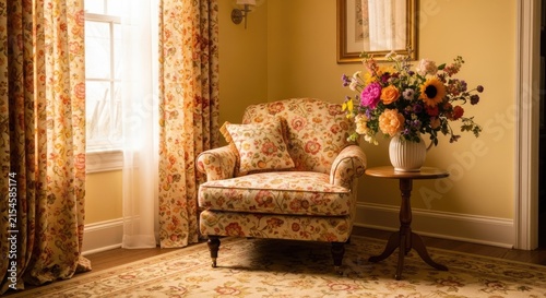 Cozy traditional living room with floral armchair and flowers.