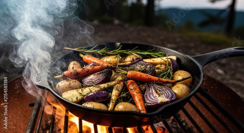 Fresh vegetables roasting in cast iron skillet over fire.