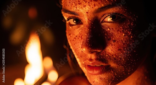 Intense close-up of face with droplets near warm firelight.