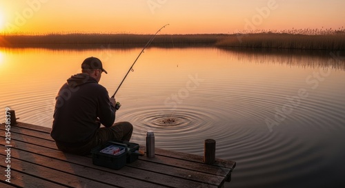 Man fishing from wooden pier on calm lake at sunset.